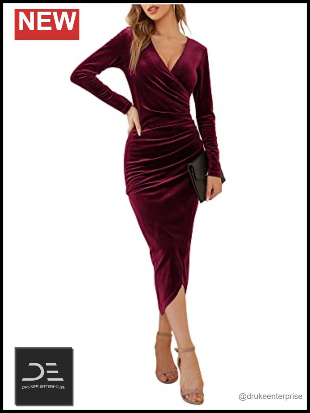 Velvet Wrap V Neck Long Sleeve Ruched Bodycon Maxi Dress
